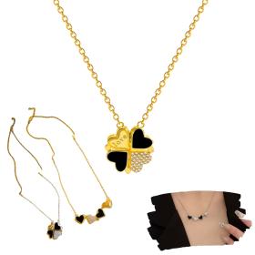 Collier avec Pendentif Magnétique en forme de Trèfle -Noir et Doré